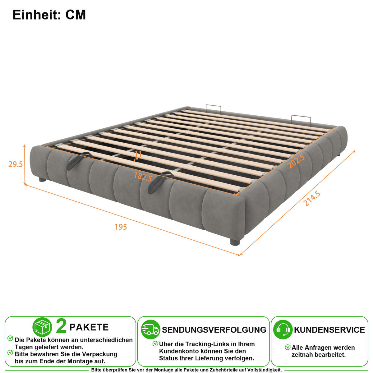 POLSTERBETT 180/200 cm in Grau mit Bettkasten und LED - Grau, Holzwerkstoff/Textil (180/200cm) - CHICFURN