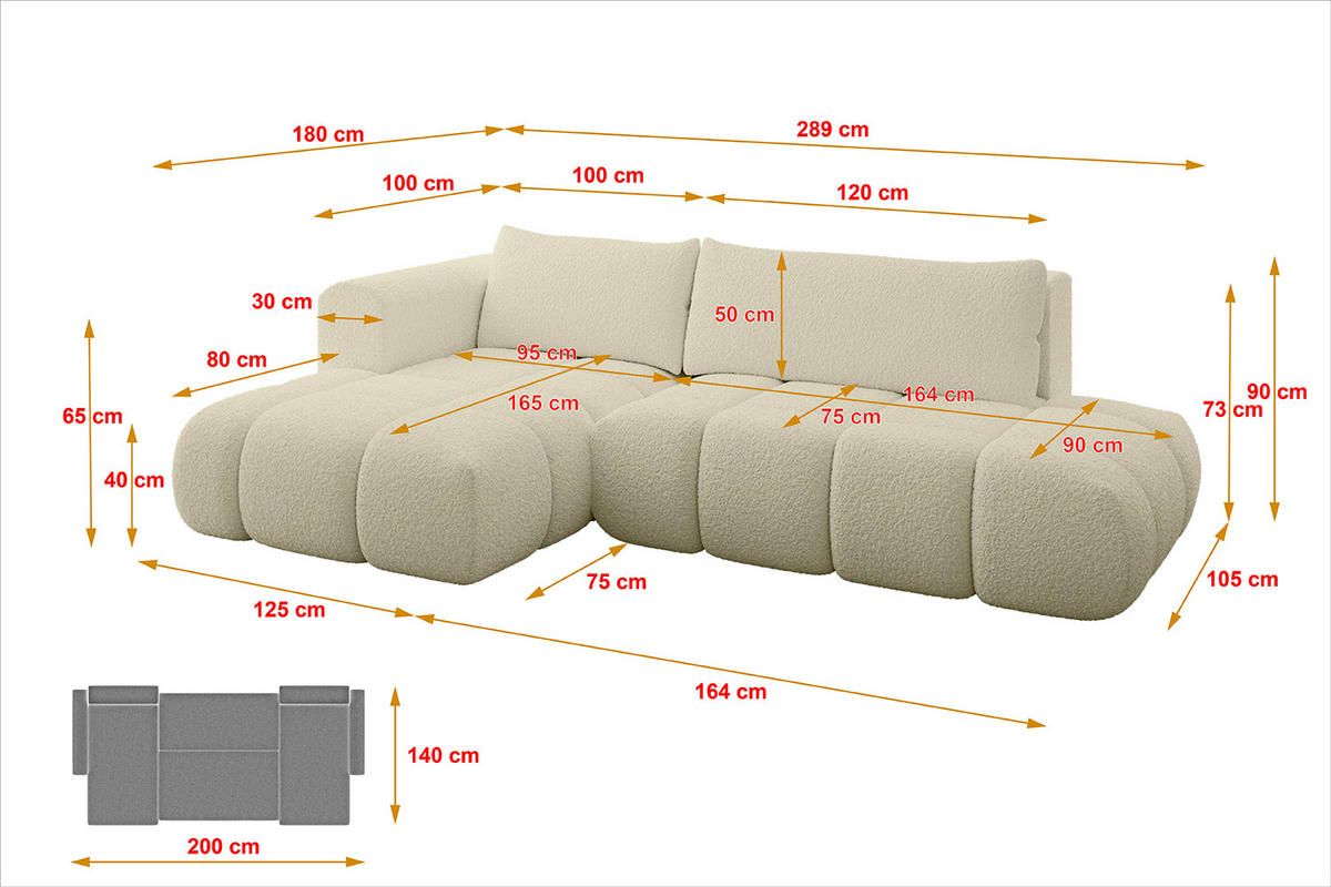 ECKSOFA Ottomane Links CLOUD-L 289x180x40 Beige Bouclé - Beige, Holzwerkstoff/Kunststoff (180/289cm) - ALTDECOR