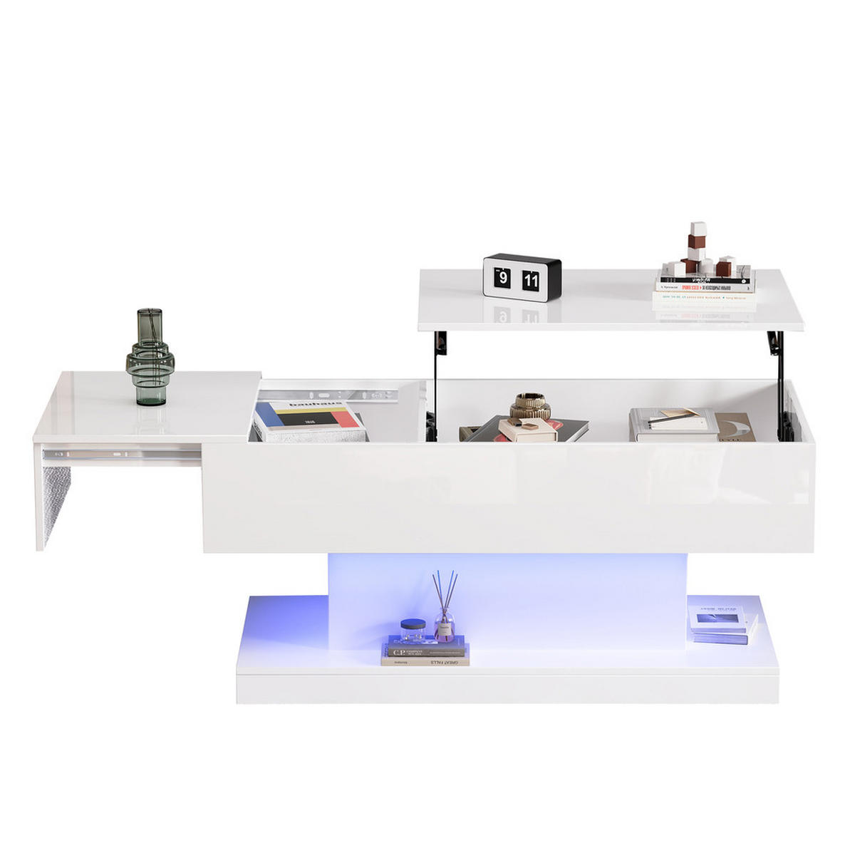 COUCHTISCH 100x50cm Weiß Hochglanz LED Hydraulik Lift Verschiebbar - Weiß, Holz (109.75/59.66/14.5cm) - FLIEKS