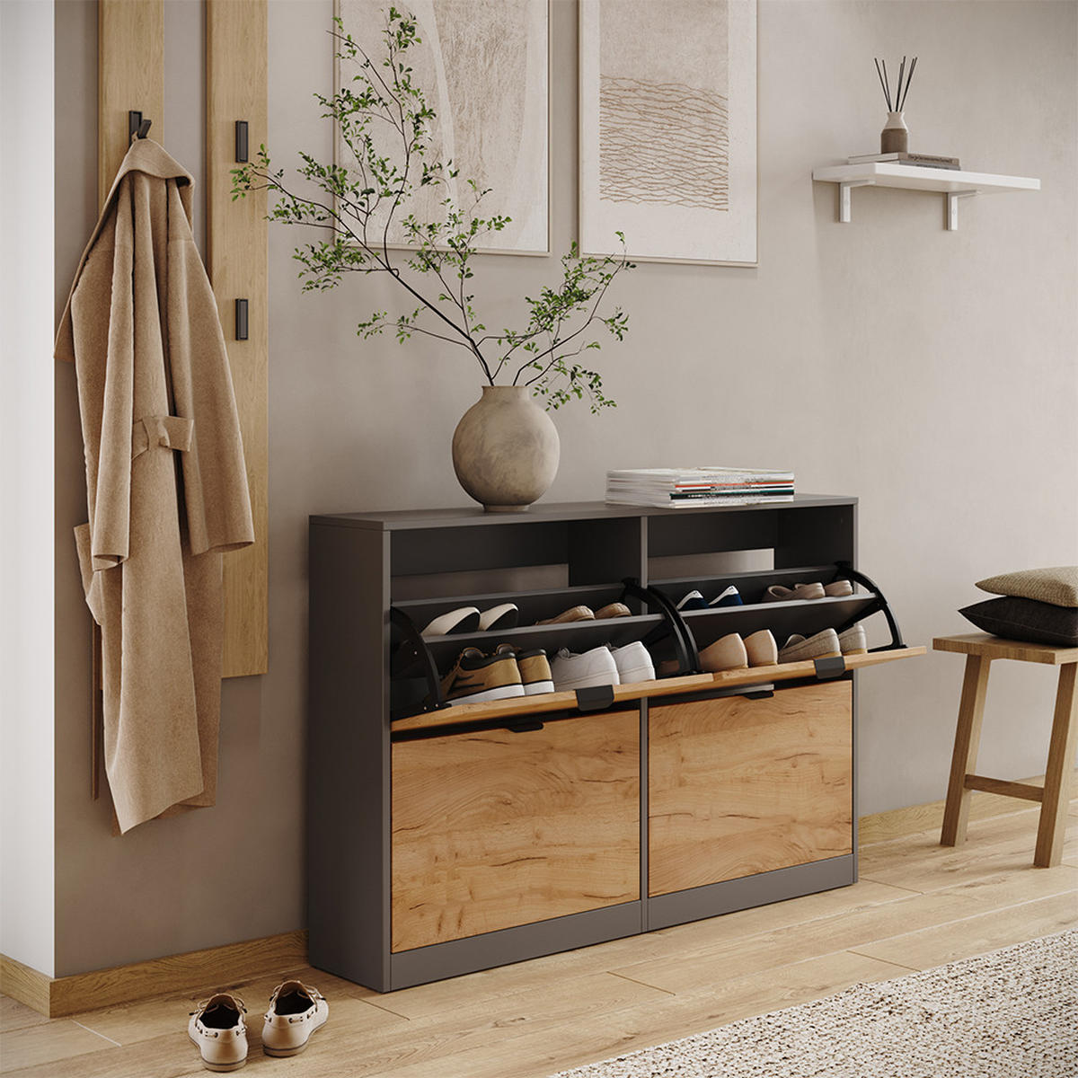SCHUHKIPPER Gizmo, Goldkraft Eiche/Anthrazit, 115 x 77.6 cm mit 2x2 Fächern - Honigeiche/Anthrazit, Holzwerkstoff (115/77.6/22cm) - Vicco
