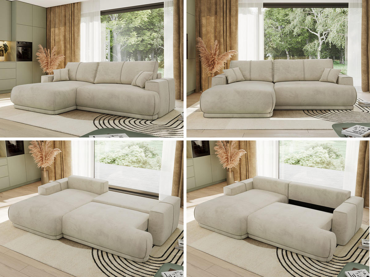 ECKSCHLAFSOFA RINA L Beige Velvet - links - Beige/Schwarz, Kunststoff/Textil (266/172cm) - MKS