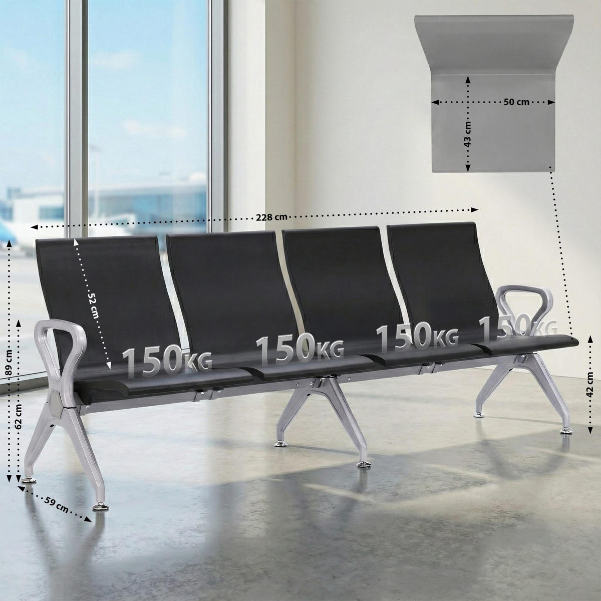 WARTEBANK Kunststoff Schwarz - Schwarz/Grau, Kunststoff/Metall (228/89/59cm) - CLP