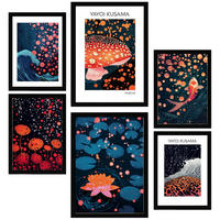 POSTER Set Mit 6 Yayoi Kusama Pilz Ola Japanische Dunkle Farben A3 & A4 Schwarzer Rahmen - Schwarz, Papier (29/3cm) - Nacnic