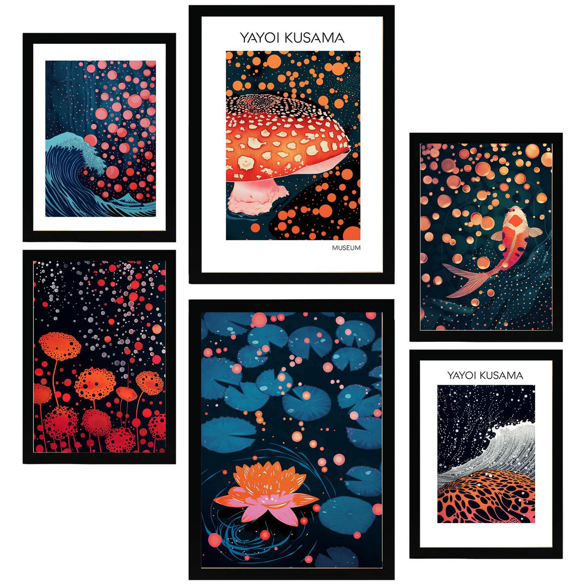 POSTER Set Mit 6 Yayoi Kusama Pilz Ola Japanische Dunkle Farben A3 & A4 Schwarzer Rahmen - Schwarz, Papier (29/3cm) - Nacnic
