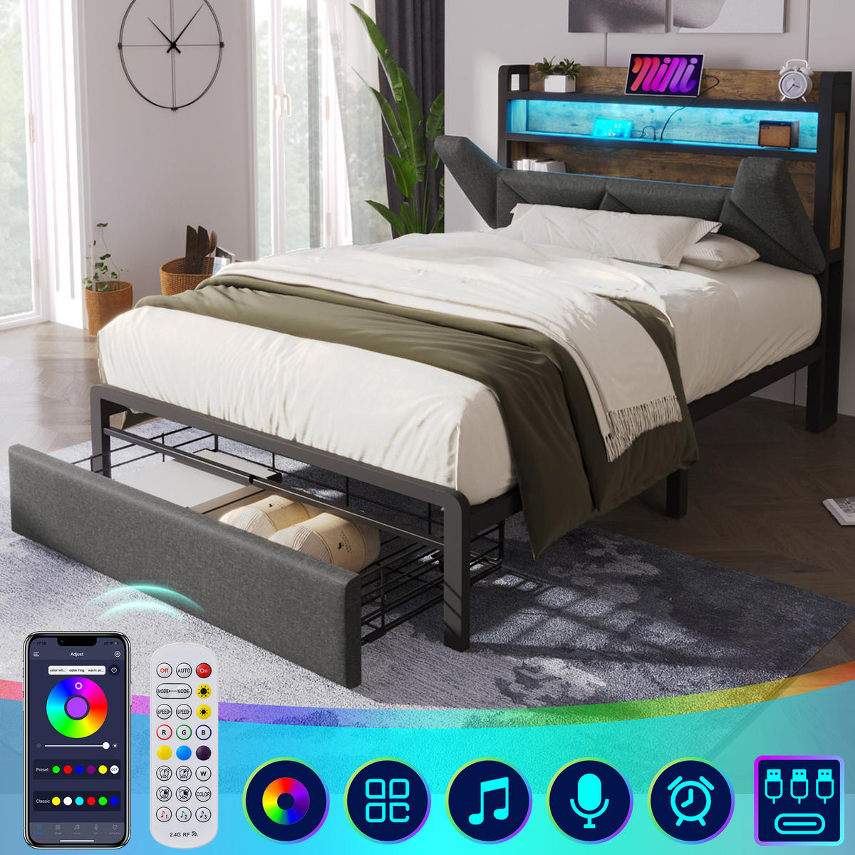 POLSTERBETT 90/200 cm mit LED, USB-C, Stauraum-Kopfteil, Schublade und Matratze, Grau - Grau, Textil (90/200cm) - Redom