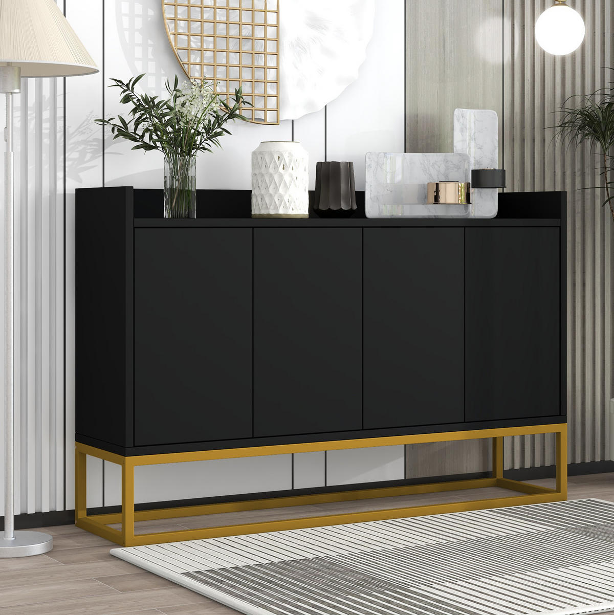 SIDEBOARD 120/30/80 cm in Schwarz mit 4 Türen und verstellbaren Einlegeböden - Schwarz, Holzwerkstoff (120/80/30cm) - Flora Grace
