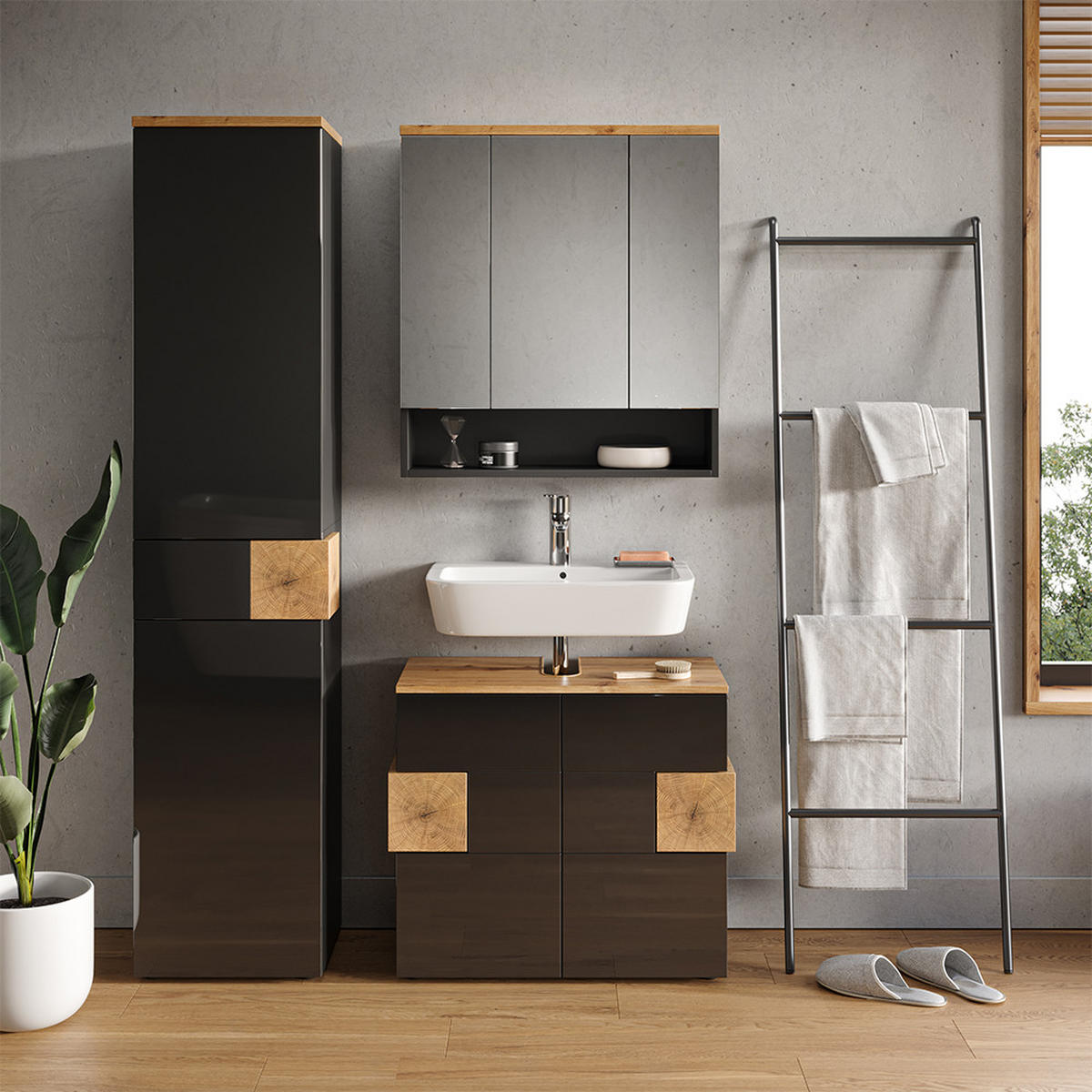 BADSCHRANK Eden Anthrazit 40 x 184.2 cm - Anthrazit/Eiche Artisan, Holzwerkstoff (40/184.2/37cm) - Vicco