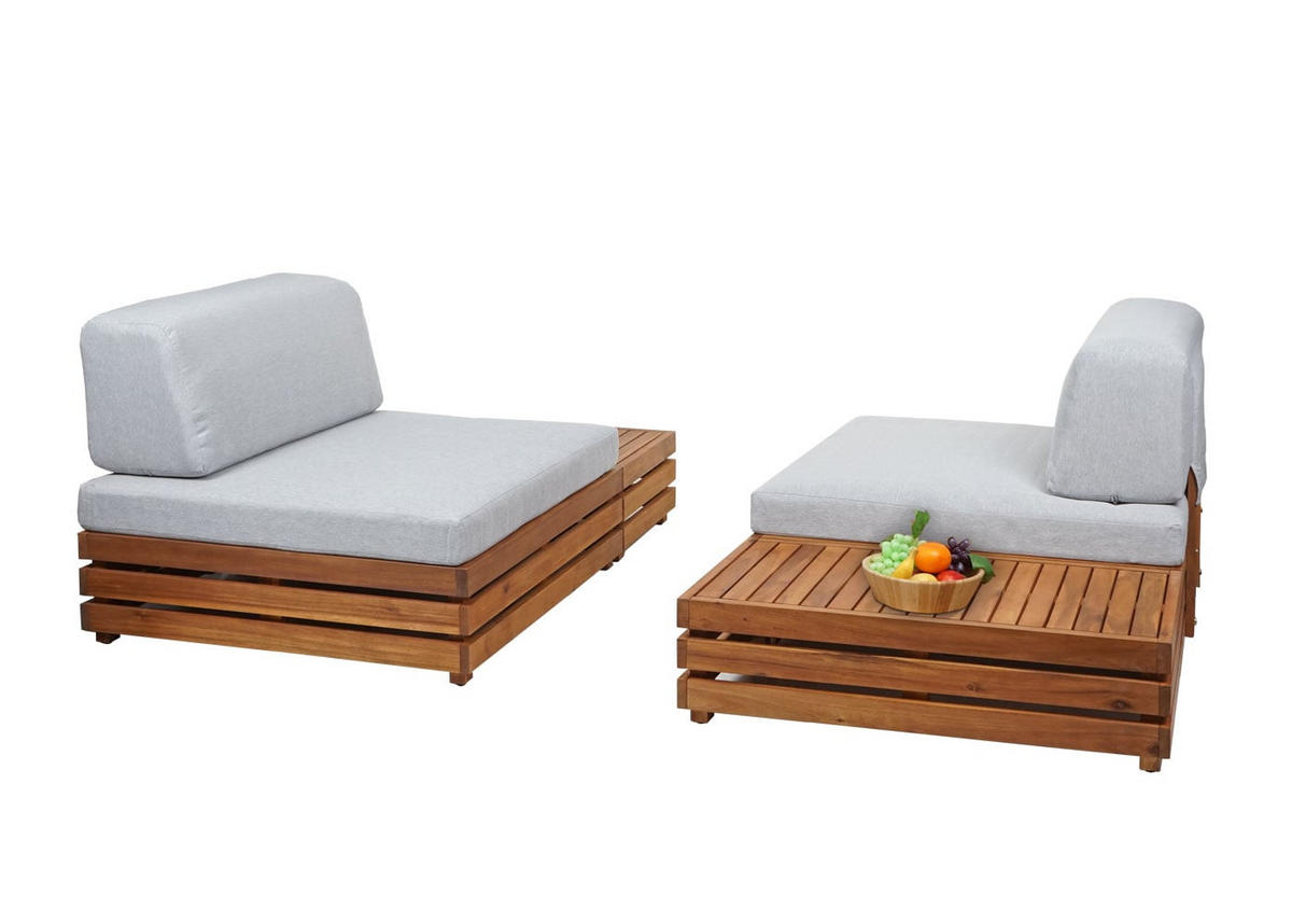 GARTEN-GARNITUR Lounge-Set Polster Hellgrau - Braun, Holz - PROREGAL