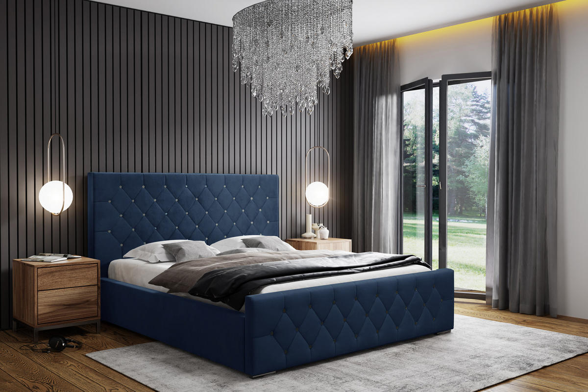 POLSTERBETT Bett Mona I gepolstert langlebig, modernes Design, geräumiger Bettkasten, pflegeleichter Stoff 140x200 cm, marineblau - Schwarz/Dunkelblau, Holzwerkstoff/Kunststoff (140/200cm) - DomoHome