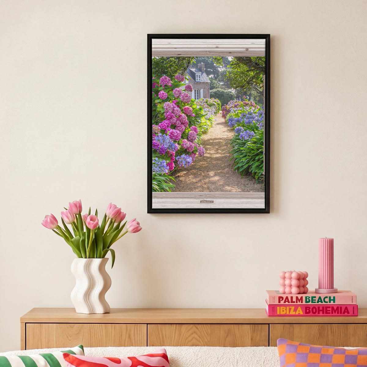 LEINWAND Bilder mit Rahmen - Hortensie - Durchsichtig - Blumen - Sommer - Lila - Weg - 20x30 - Lila, Textil (20/30cm) - MuchoWow