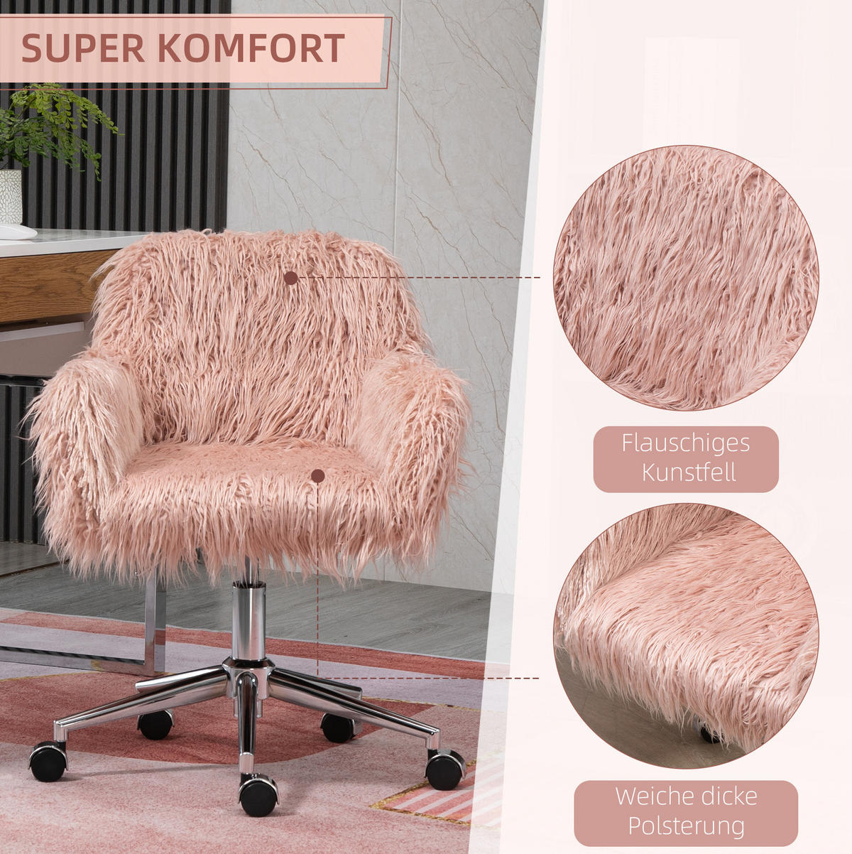 BÜROSTUHL in Rosa 60x57x85 cm mit Kunstfellbezug, höhenverstellbar und mit Armlehnen - Pink, Textil (57/85/60cm) - IVMEU