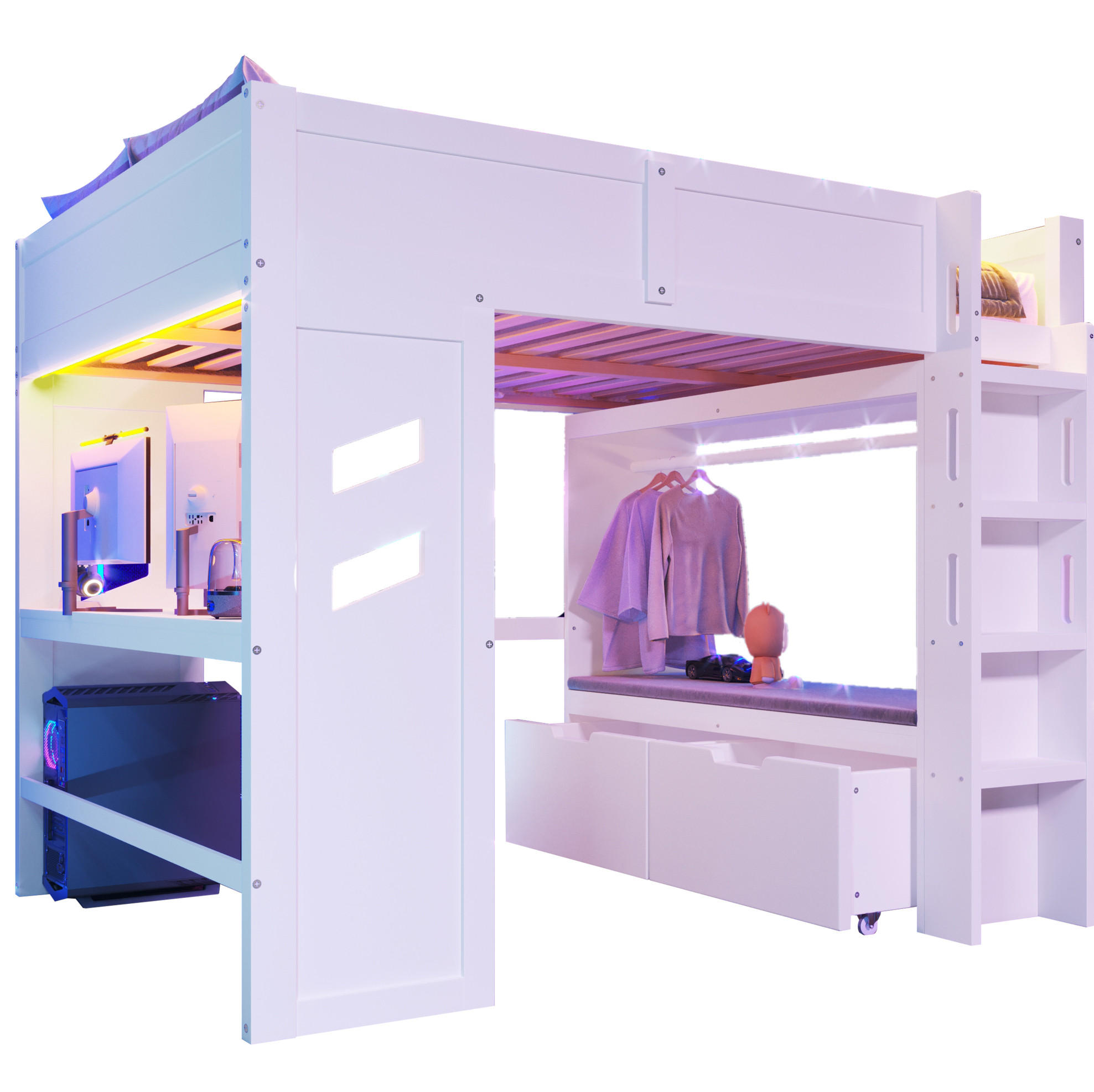 HOCHBETT 140/200 cm, Weiß mit Schreibtisch, LED-Lichtleiste - Weiß, Holz (140/200cm) - MIVRAY