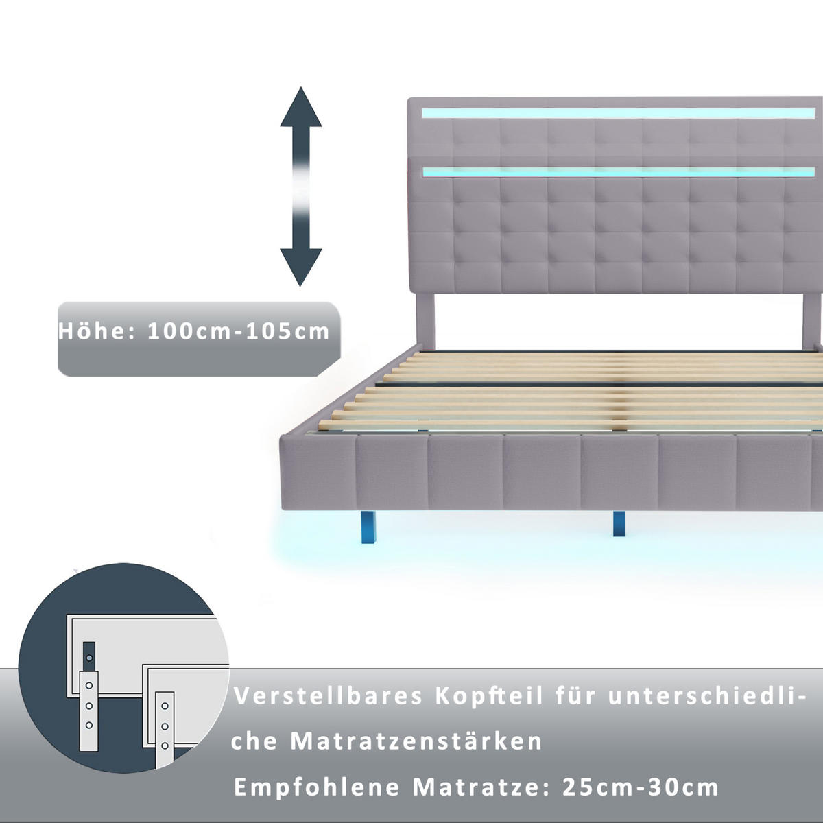 POLSTERBETT 160x200 cm, Grau, mit LED-Beleuchtung & USB - Grau, Textil/Metall (160/200cm)