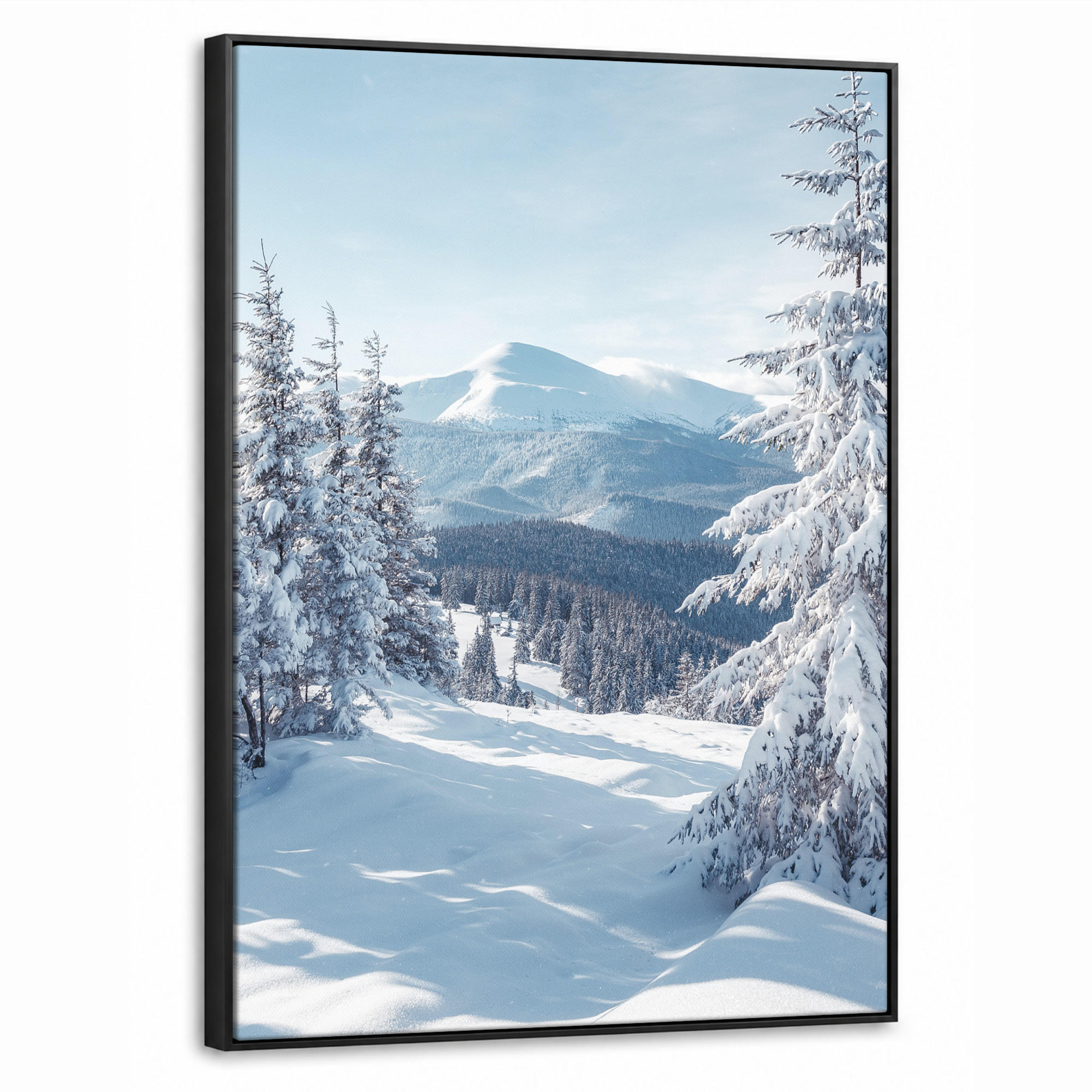 LEINWAND Bilder mit Rahmen - Winterlandschaft - Natur - Berge - Bäume - Schnee - 60x80 - Hellblau, Textil (60/80cm) - MuchoWow