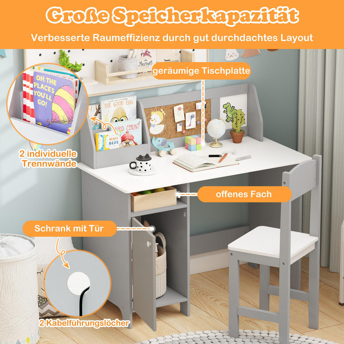 KINDERSCHREIBTISCH mit Stuhl grau(2-tlg) - Grau, Holzwerkstoff (90/85.5/45cm) - COSTWAY