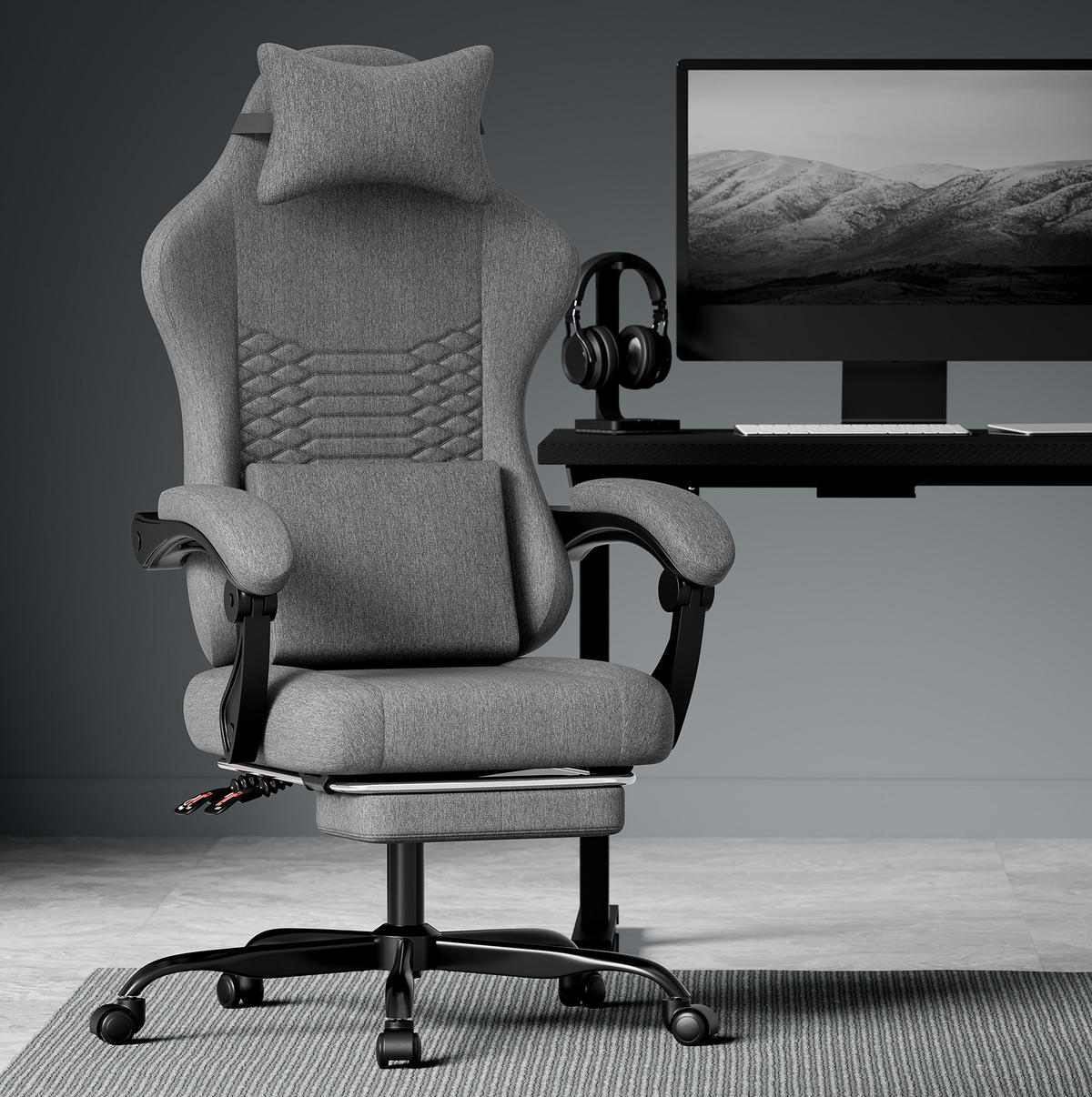 GAMING-STUHL ergonomisch Stoff Dunkelgrau mit Fußstütze - Dunkelgrau, Kunststoff (63/120.5/58.5cm) - Meubliv