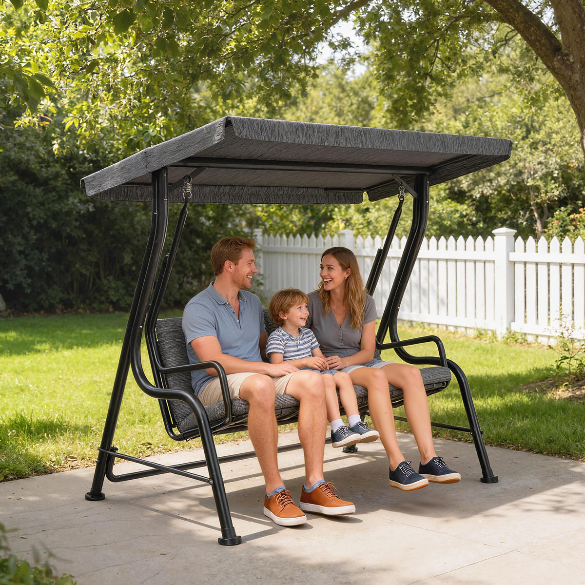 HOLLYWOODSCHAUKEL, Verstellbares Sonnendach, Texteline, Grau, 200 x 120 x 170 cm - Schwarz, Metall (120/170/200cm) - Outsunny