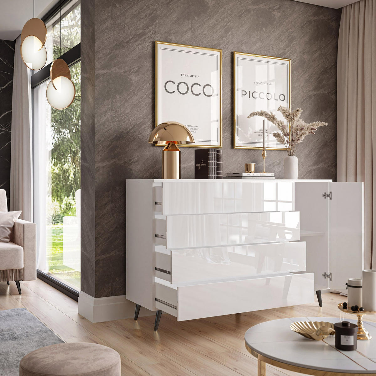 SIDEBOARDS AURA II mit LED-Beleuchtung PUSH OPEN Beinfarbe – Schwarz - Schwarz/Weiß, Holzwerkstoff (138/84/40.6cm) - Lookway