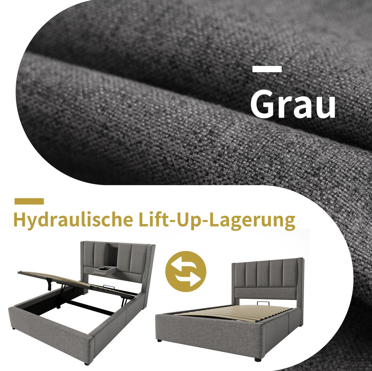 POLSTERBETT 90/200 cm mit Ladestation, verstecktem Becherhalter und hydraulischem Stauraum und Matratze, Grau - Grau, Textil (90/200cm) - Redom