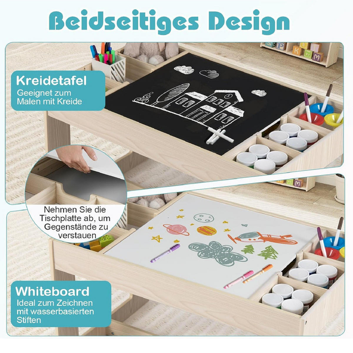 KINDERTISCH mit Stuhl natur(3-tlg) - Naturfarben, Holzwerkstoff (80/48/49cm) - COSTWAY