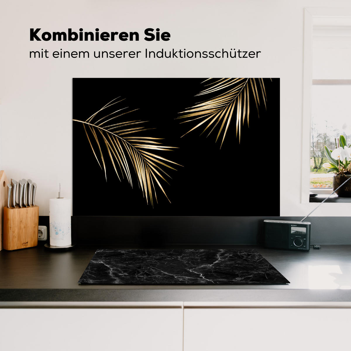 SPRITZSCHUTZ KÜCHE Blätter - Pflanzen - Gold - Schwarz - Luxus 90x60 cm - Goldfarben, Metall (90/0.3/60cm) - MuchoWow