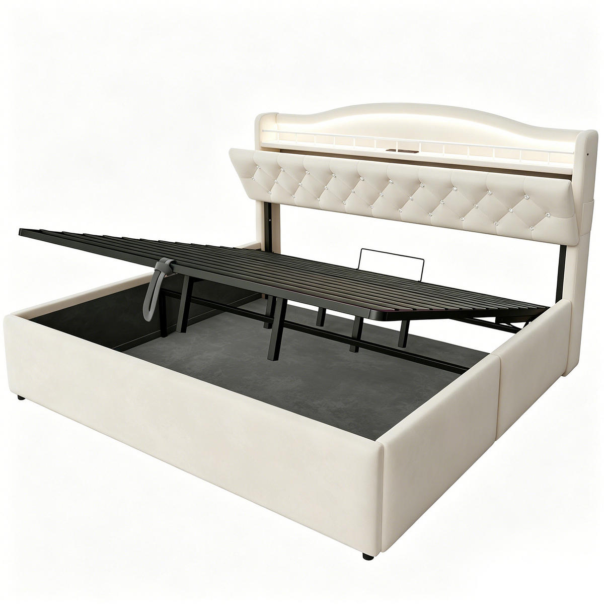 POLSTERBETT 180x200 cm in Beige mit LED-Kopfteil, USB-/USB-C-Anschlüssen und Bettkasten - Beige, Textil (180/200cm) - IVMEU