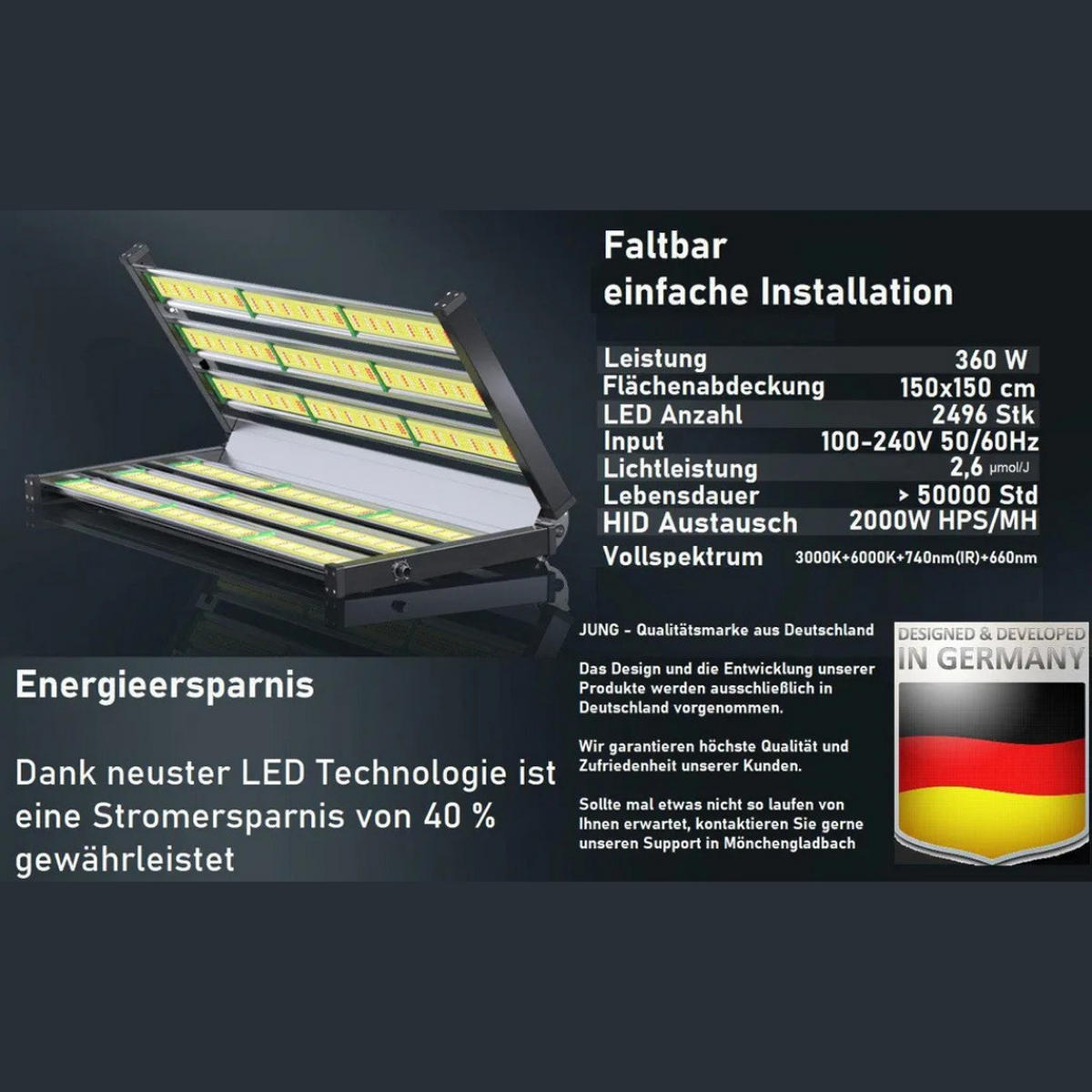 WACHSTUMSLAMPE PB360 Schwarz 360 W, Vollspektrum, dimmbar, LED Pflanzenlampe, Indoor Grow Light, Pflanzenbeleuchtung, Zimmerpflanzen, Gewächshaus - Goldfarben/Schwarz, Metall (30/10/30cm) - JUNG