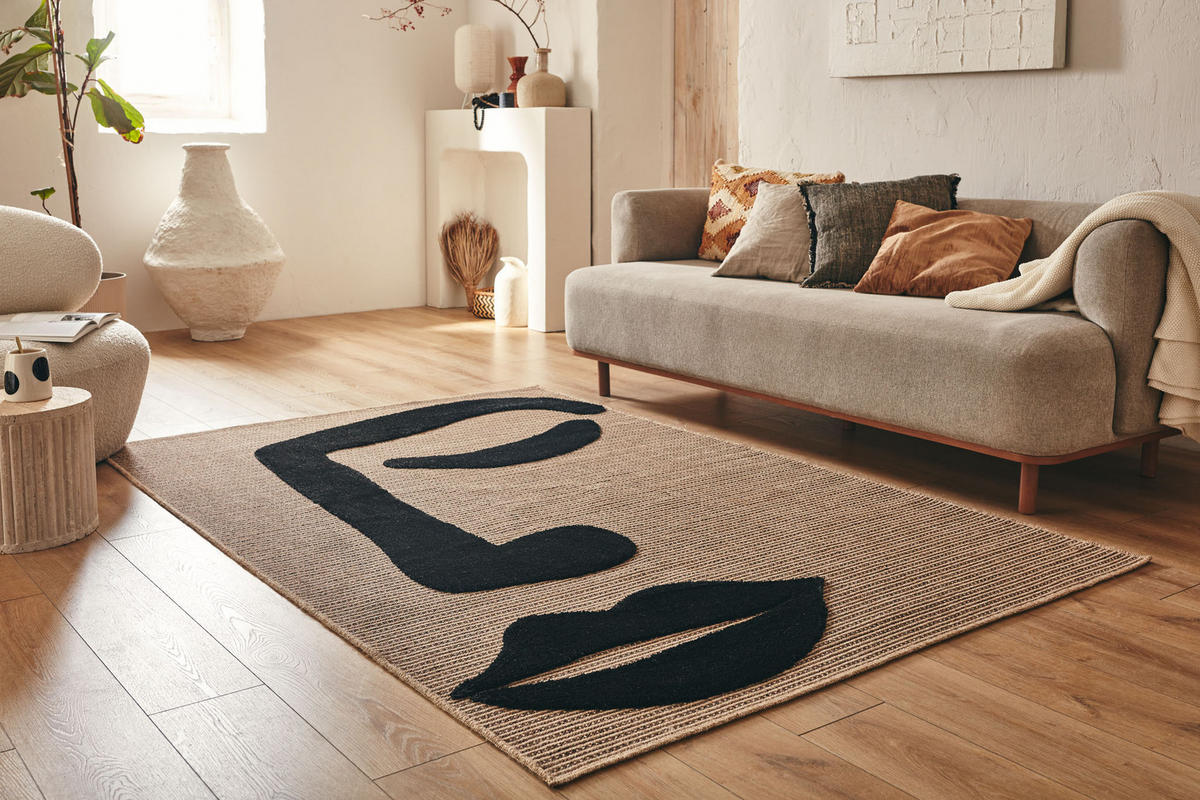 TEPPICH mit Juteoptik schwarzem Gesichtsmotiv Palma 200x290 cm - Schwarz, Textil (200/290cm) - Nazar Rugs