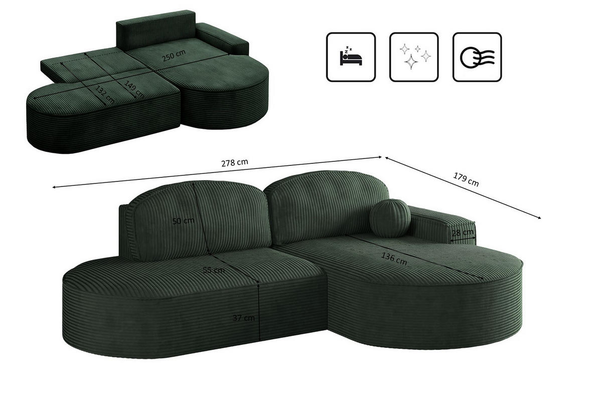 ECKSOFA mit Schlaffunktion und Bettkasten Modena Runden stoff Poso Grün Rechts - Grün, Holz/Textil (278/179cm) - Kaiser Möbel