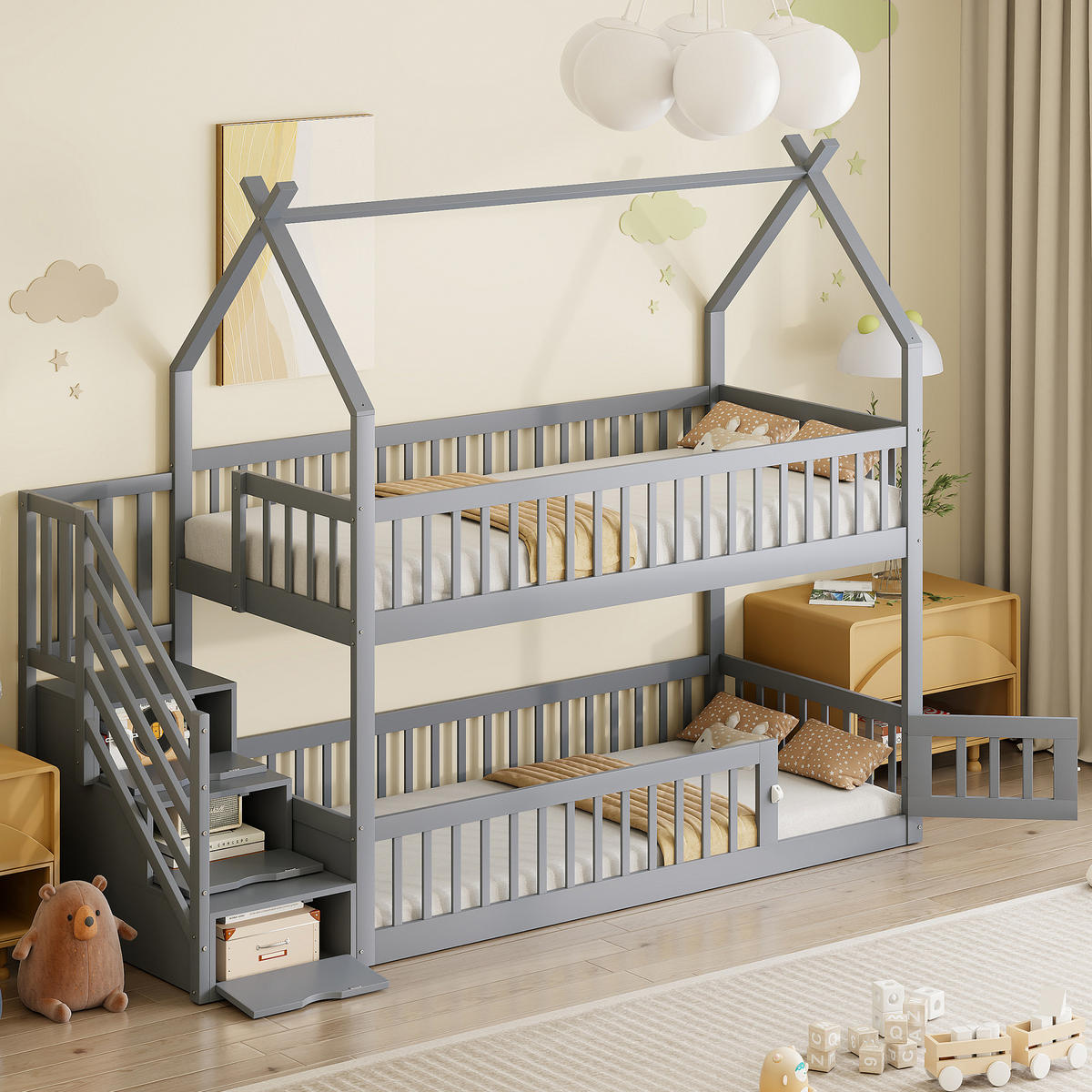 ETAGENBETT 90/200 cm grau aus massivem Kiefernholz mit Dach und Sicherheitstreppe - Grau, Holz (90/200cm) - OKWISH