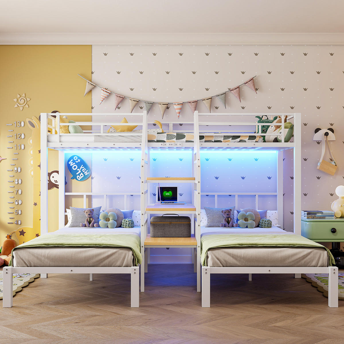 ETAGENBETT 90/200 cm mit 3 Schlafplätzen, LED, USB, Steckdose und Schreibtisch aus Metall/MDF, Weiß - Weiß, Metall (90/200cm) - Redom