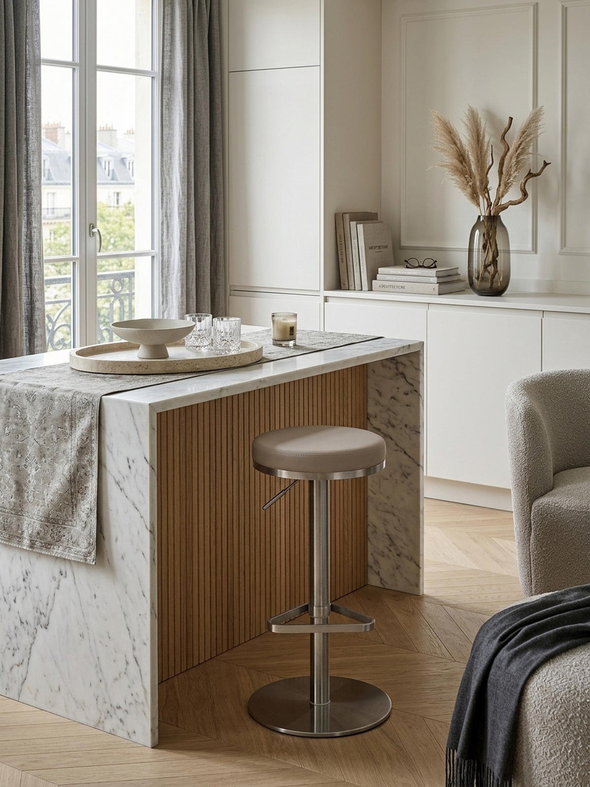 BARHOCKER Höhenverstellbar Gepolstert Triangel-Fußablage ELBE, Beige 38x38x82 cm - Beige/Silberfarben, Kunststoff/Textil (38/82/38cm) - KADIMA DESIGN