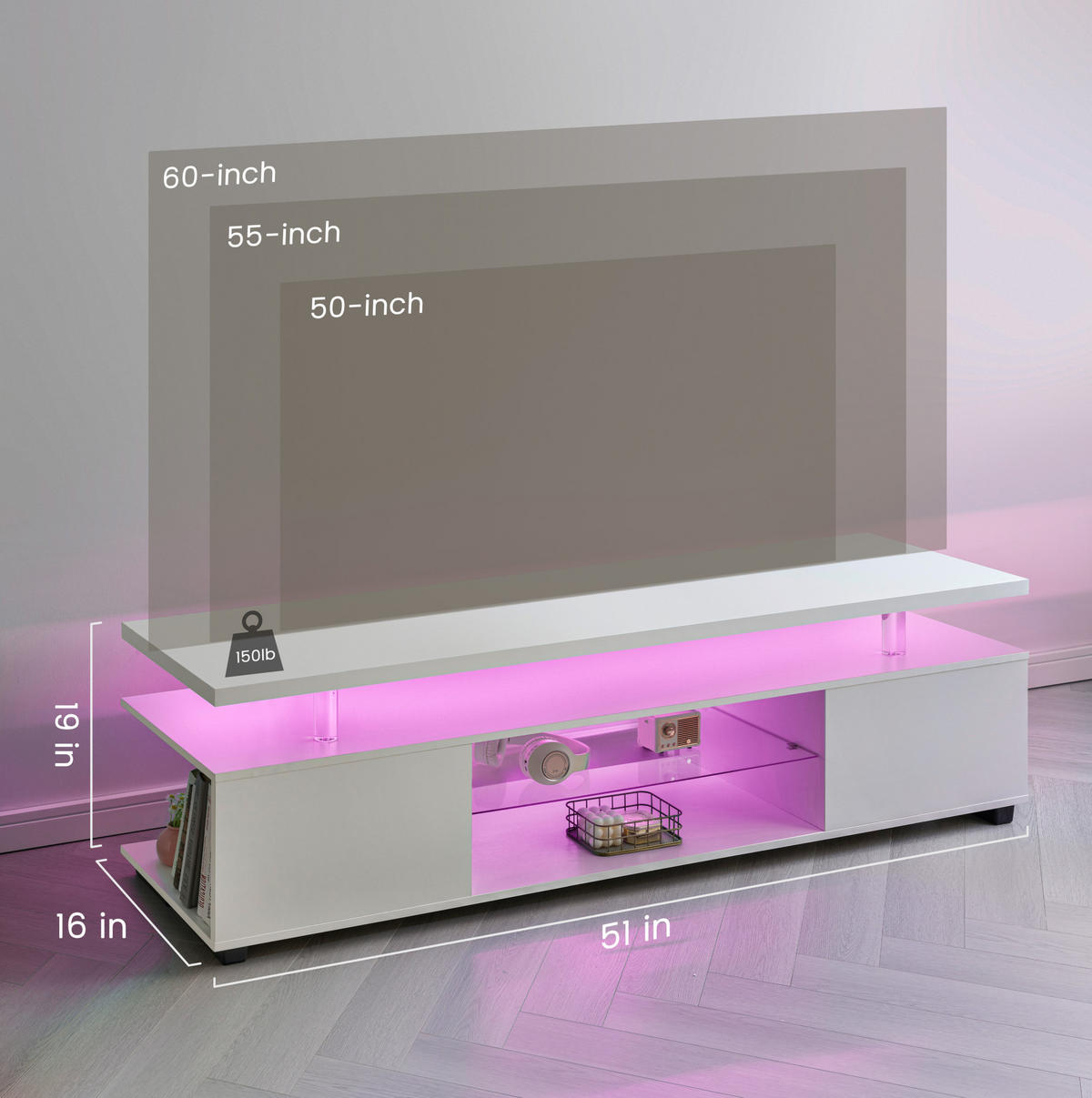 LOWBOARD aus Holzwerkstoff mit LED-Beleuchtung und 3 Stauräumen für TVs bis 60 Zoll Weiß - Weiß, Holzwerkstoff (130/48/40cm) - Modenvie