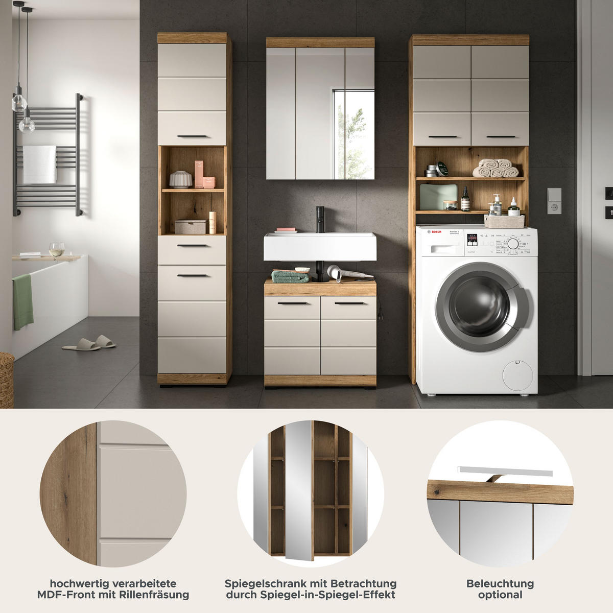 BAD-SET SCOUT 4-tlg. (B/H/T: ca. 190/191/34 cm) in Evoak Oak Nachbildung/- - Eichefarben, Holz (190/191/34cm)