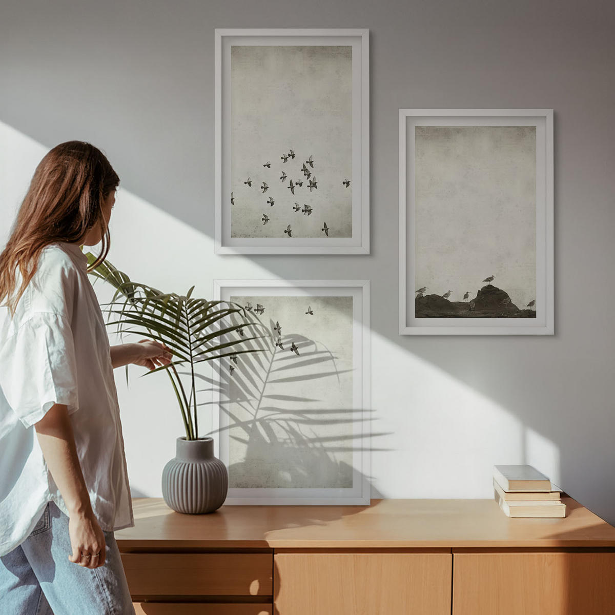 WANDBILDER 3er-Set - 40x60 cm Weißer Rahmen - Vögel im Flug, minimalistischer Stil - Weiß, Kunststoff (40/60cm) - ArtPrintCave