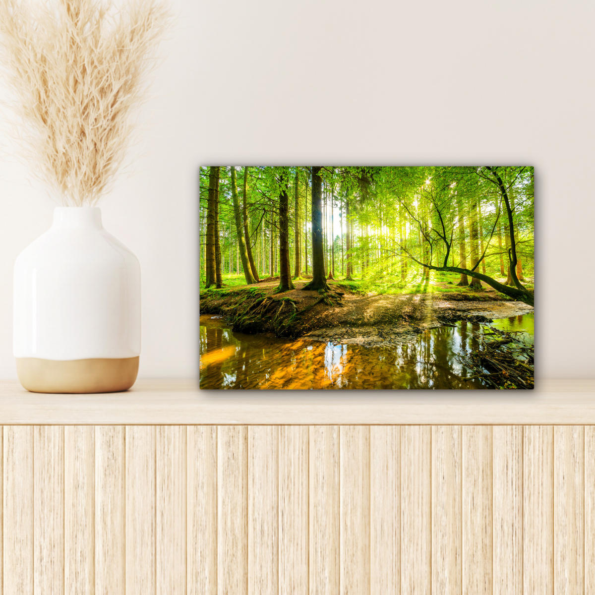 LEINWANDBILD Wald - Landschaft - Wasser - Bäume - Sonne - Grün - Natur 30x20 cm - Grün, Textil (30/20cm) - MuchoWow