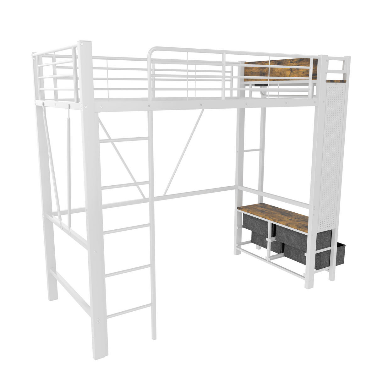 HOCHBETT 90/200 cm in Weiß mit 4 Schubladen, LED und USB/Type-C - Weiß, Holzwerkstoff/Metall (90/200cm) - STILVORA