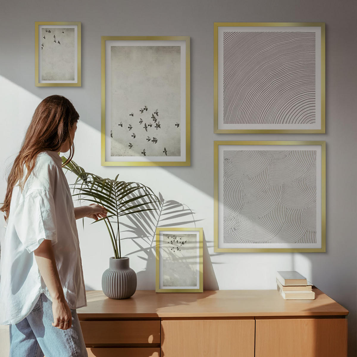 WANDBILDER 5er Set - 50x50 cm & 20x30 cm & 40x60 cm Goldrahmen - Minimalistische Vogelmalerei - Goldfarben, Kunststoff (40/60cm) - ArtPrintCave