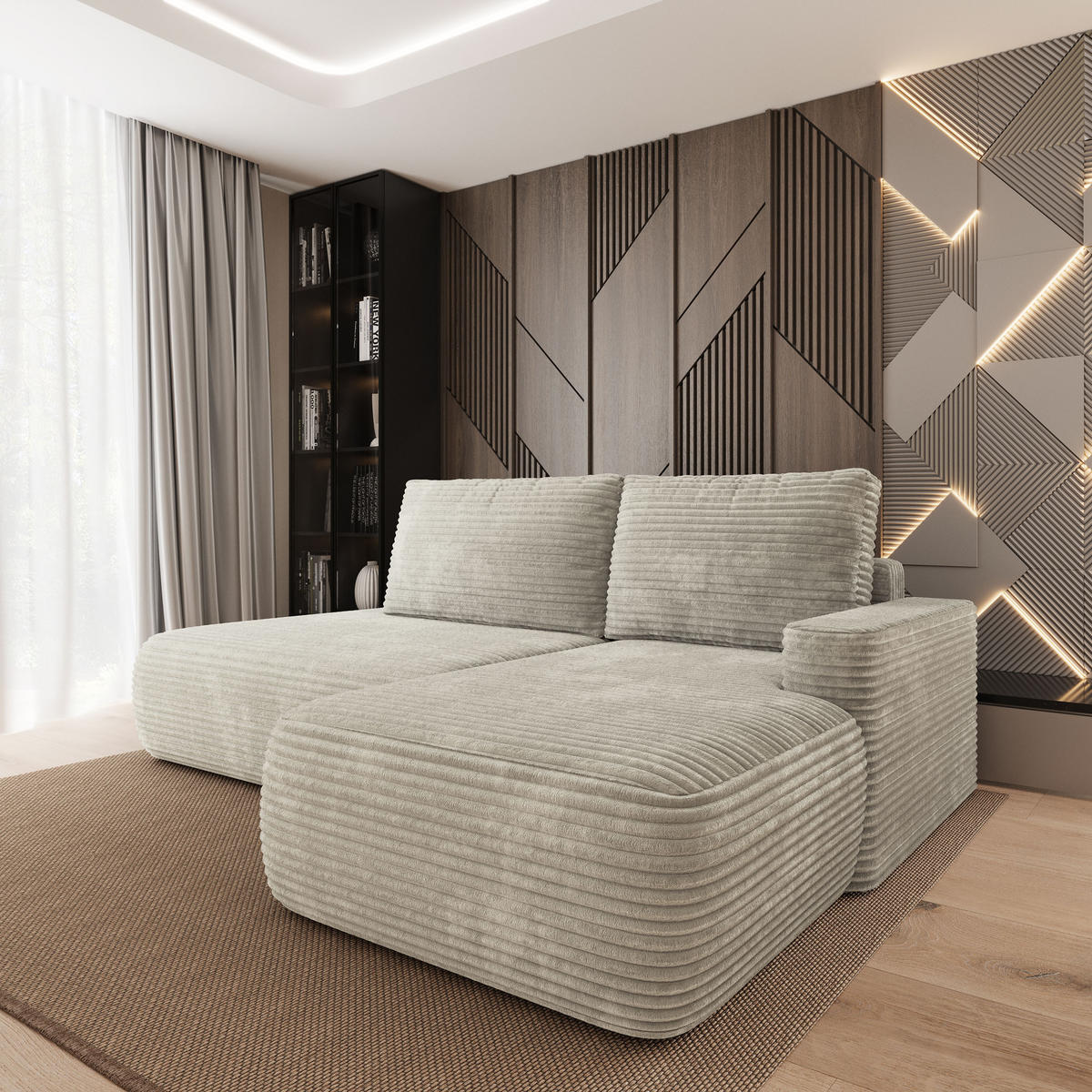 ECKSOFA AVINI T R-S Hellgrau Kordstoff mit Schlaffunktion - Hellgrau, Holzwerkstoff/Textil (277/160cm) - MASSENO