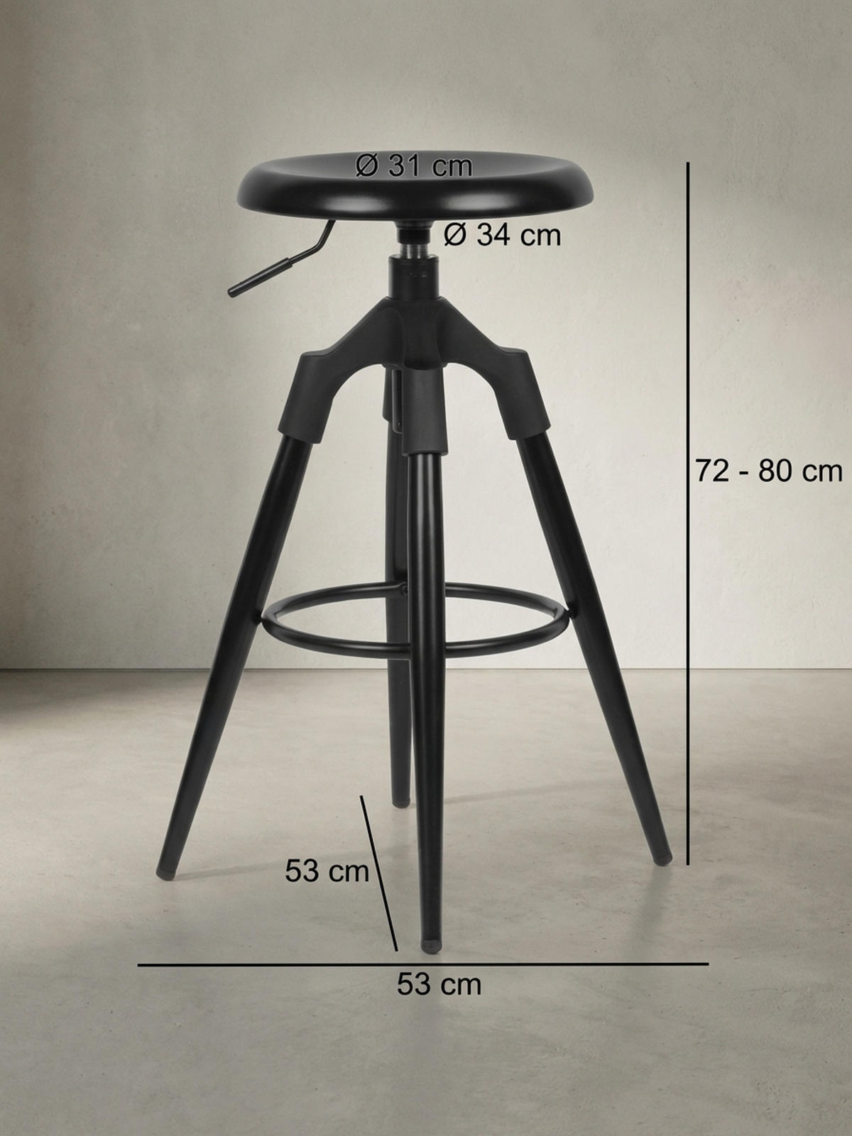 BARHOCKER Industrial Höhenverstellbar Drehbar Goldfarben TIBER, Schwarz 53x53x80 cm - Schwarz, Kunststoff/Metall (53/80/53cm) - KADIMA DESIGN