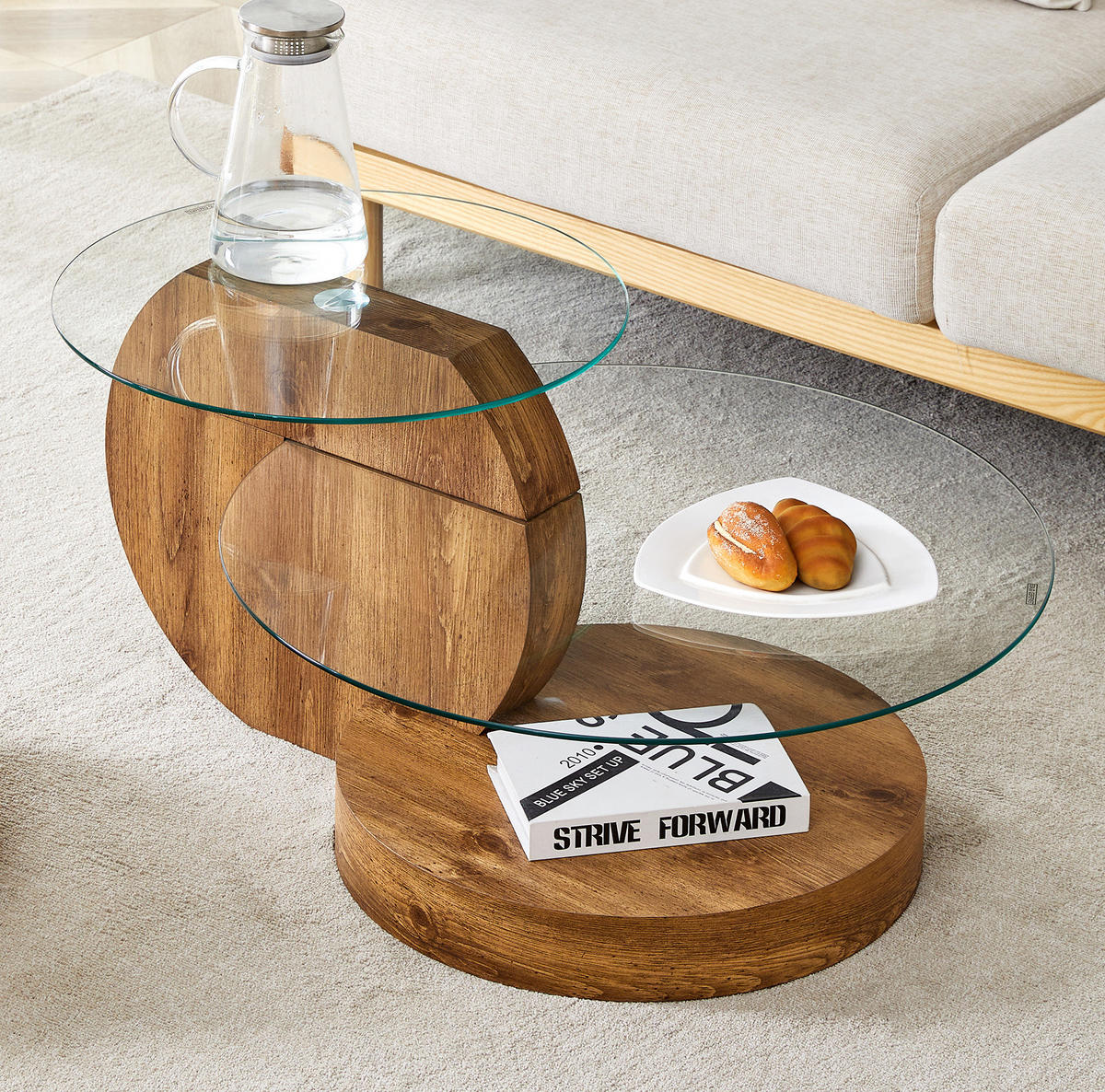 COUCHTISCH mit Ablage 69,8 cm aus Glas und MDF in Transparent/Holzoptik - Transparent, Holzwerkstoff (69.8/69.8/49.8cm) - BEAOK
