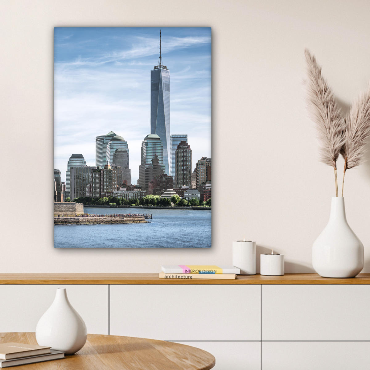 LEINWANDBILD New York - Freiheitsstatue - Wasser Wandbild Wohnzimmer 60x80 cm - Hellblau, Textil (60/80cm) - MuchoWow
