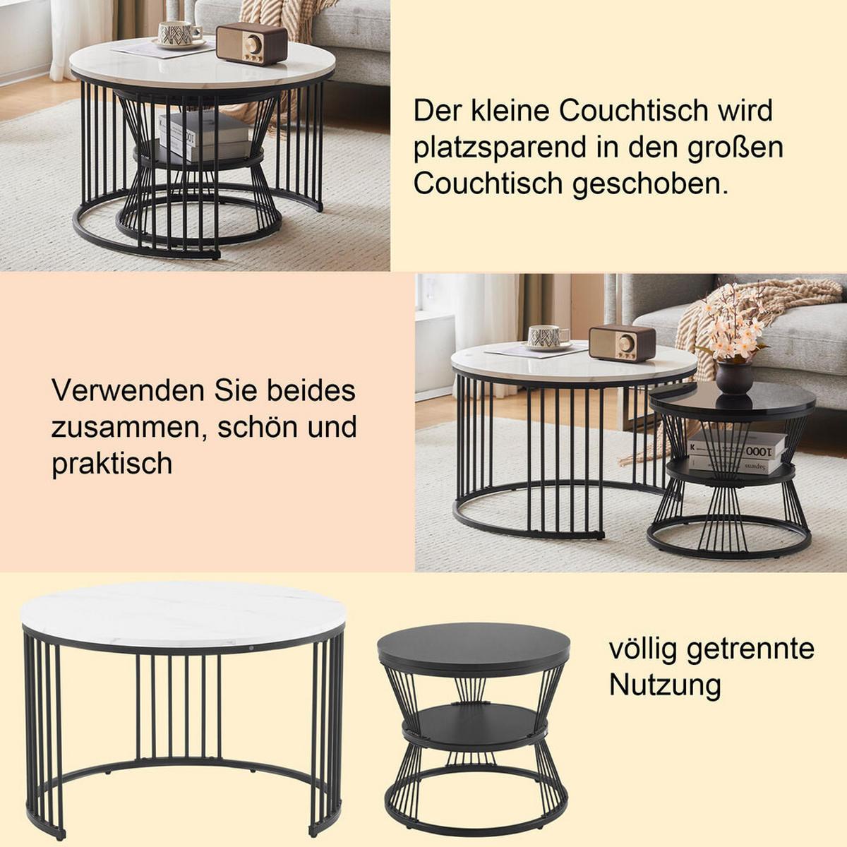 COUCHTISCH Nesting Set 2-tlg Hochglanz Marmoroptik Schwarz Rahmen Rund - Schwarz, Holz (79/76/17cm) - FLIEKS