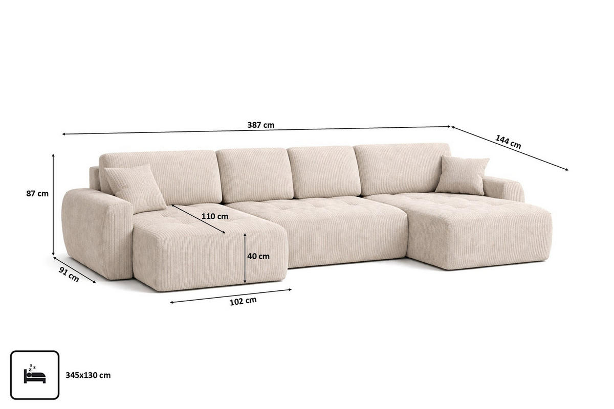 ECKSOFA Mit Schlaffunktion Und Bettkasten U-Form Ivo U XL, Cordstoff Poso, Beige - Beige, Holz (387/144cm) - Kaiser Möbel