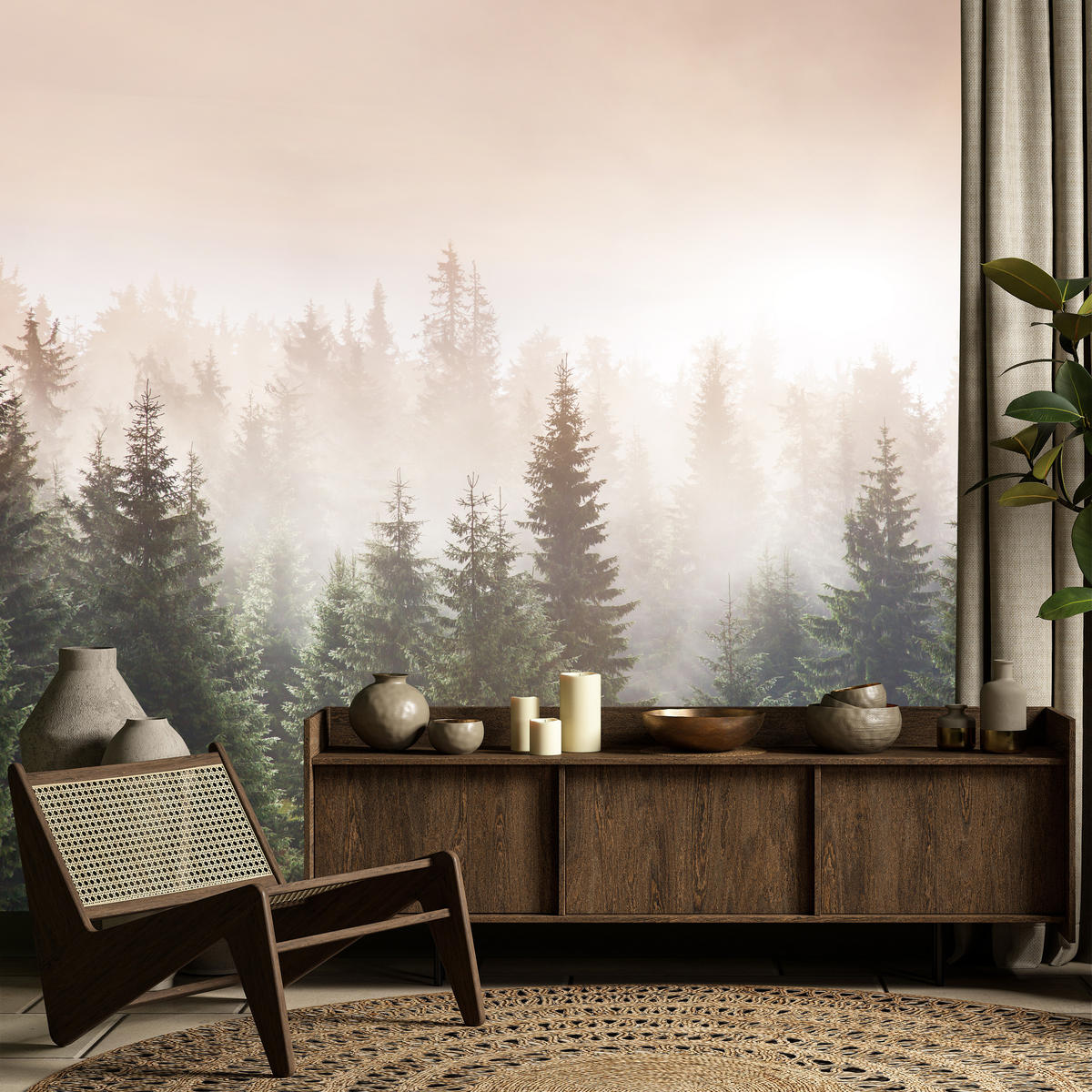 FOTOTAPETE für Wohnzimmer Nadelwald Bäume im Nebel Mystisch 450x315 - Orange/Braun, Papier (450/315cm) - Muralo