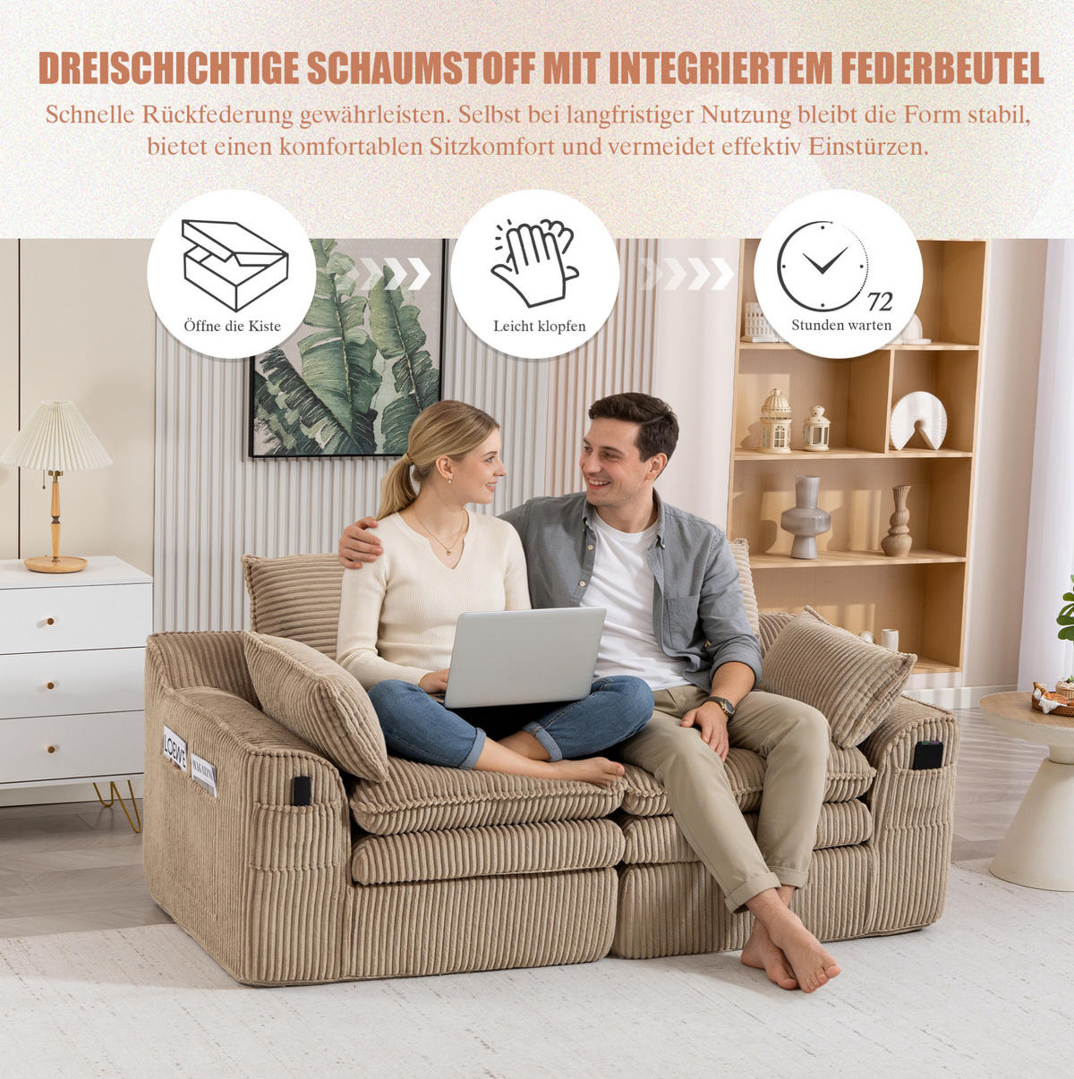 2-SITZER-SOFA 191/94/85 cm mit Seitentaschen, Kissen und Federkern, Khaki - Beige, Textil (191/85/94cm) - Redom