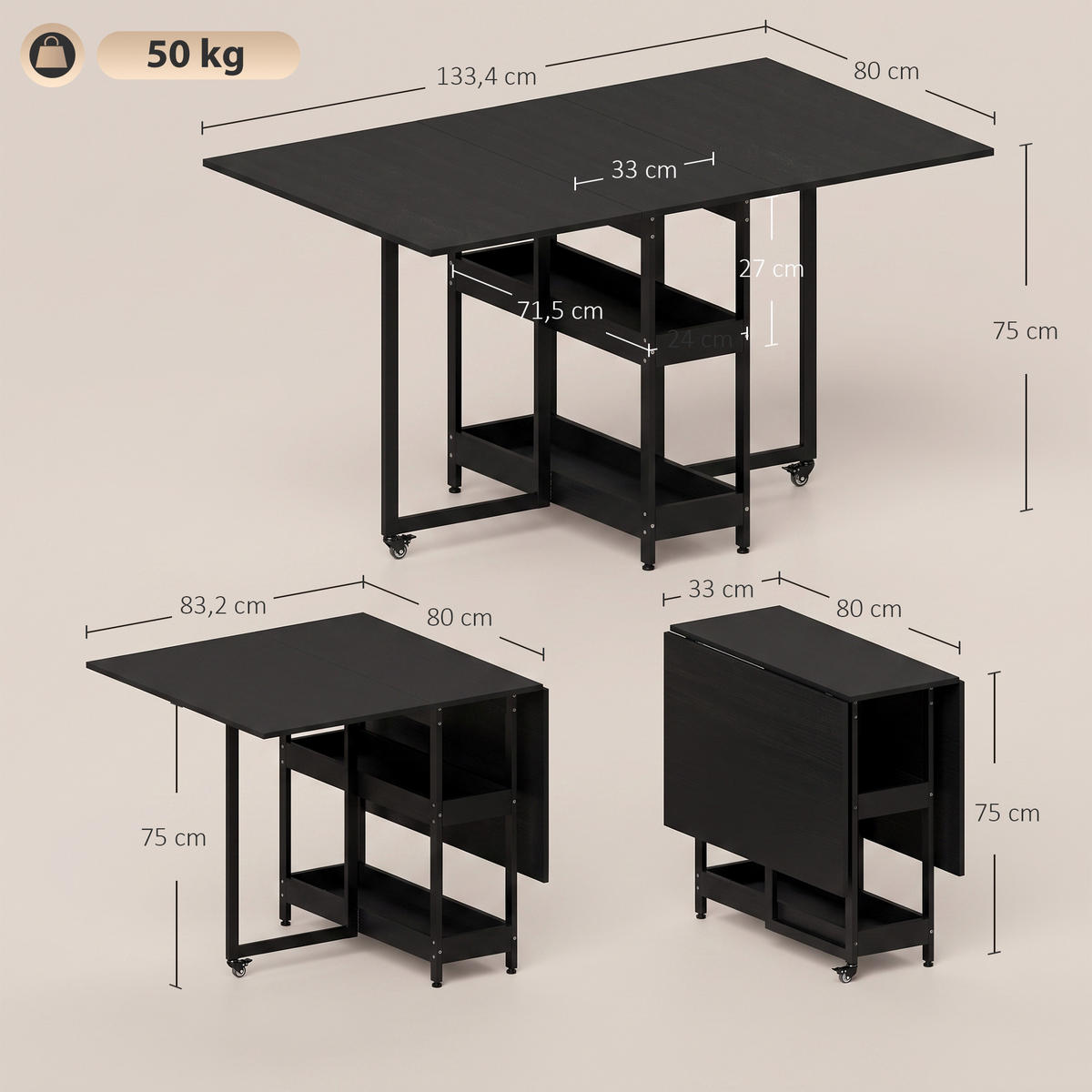ESSTISCH Schwarz 133.4/80.0/75.0 - Schwarz, Holzwerkstoff (133.4/80/75cm)