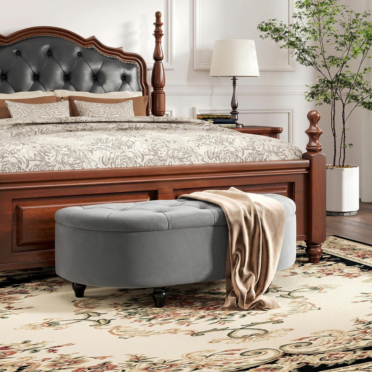 TRUHENBANK DE-07117 Samtoptik, Soft-Close Deckel Dunkelgrau - Dunkelgrau, Holz/Textil (46/42/120cm) - ComfortXL