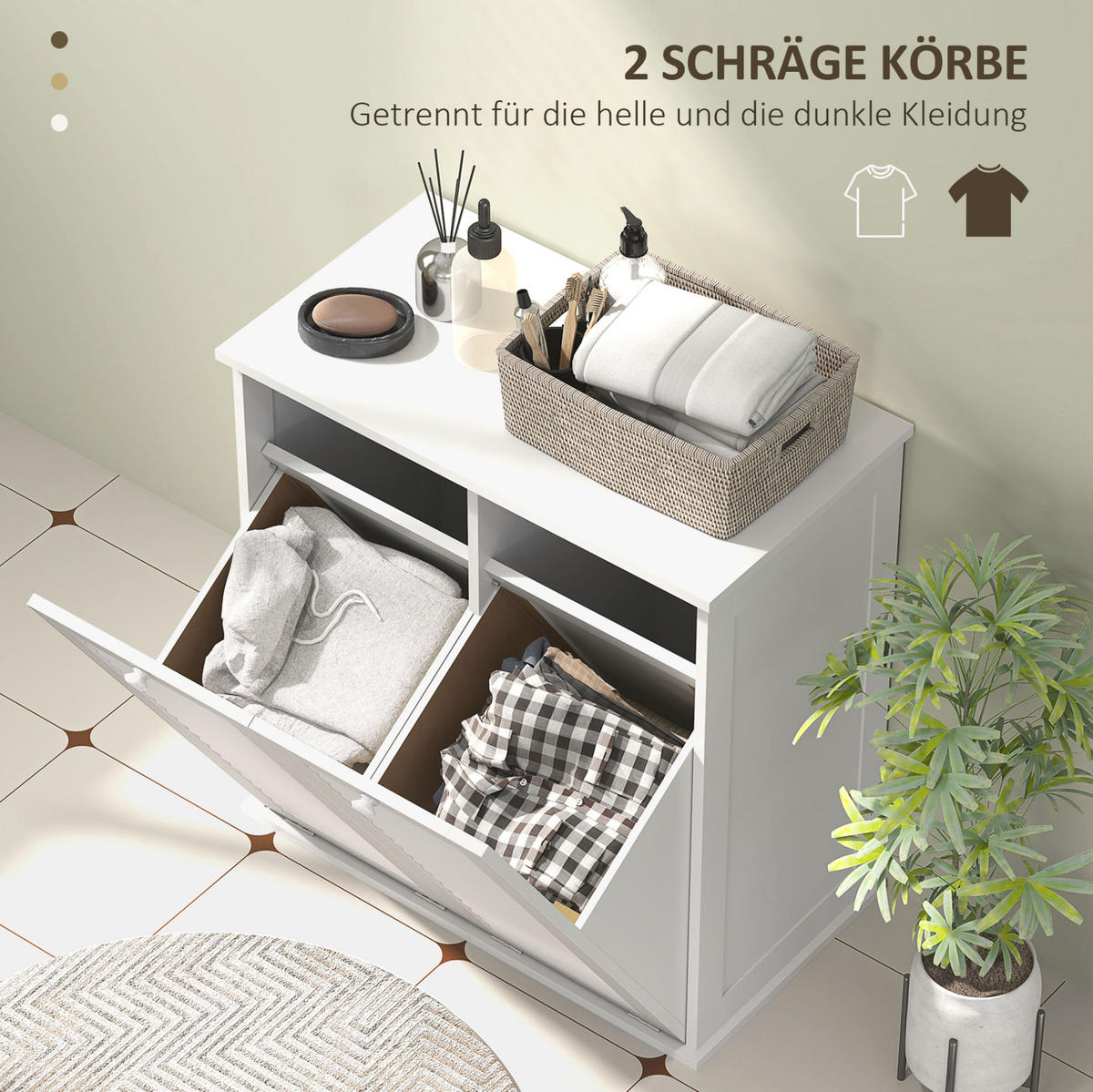 BADEZIMMERSCHRANK 70x38x73 cm Weiß aus MDF mit 2 Wäschekörben & Lamellentüren - Weiß, Holzwerkstoff (70/73/38cm) - Modfu