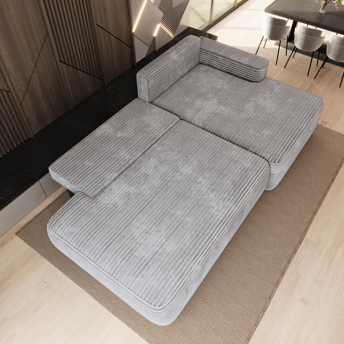 ECKSOFA AVINI T R-S Hellgrau Kordstoff mit Schlaffunktion - Hellgrau, Holzwerkstoff/Textil (277/160cm) - MASSENO
